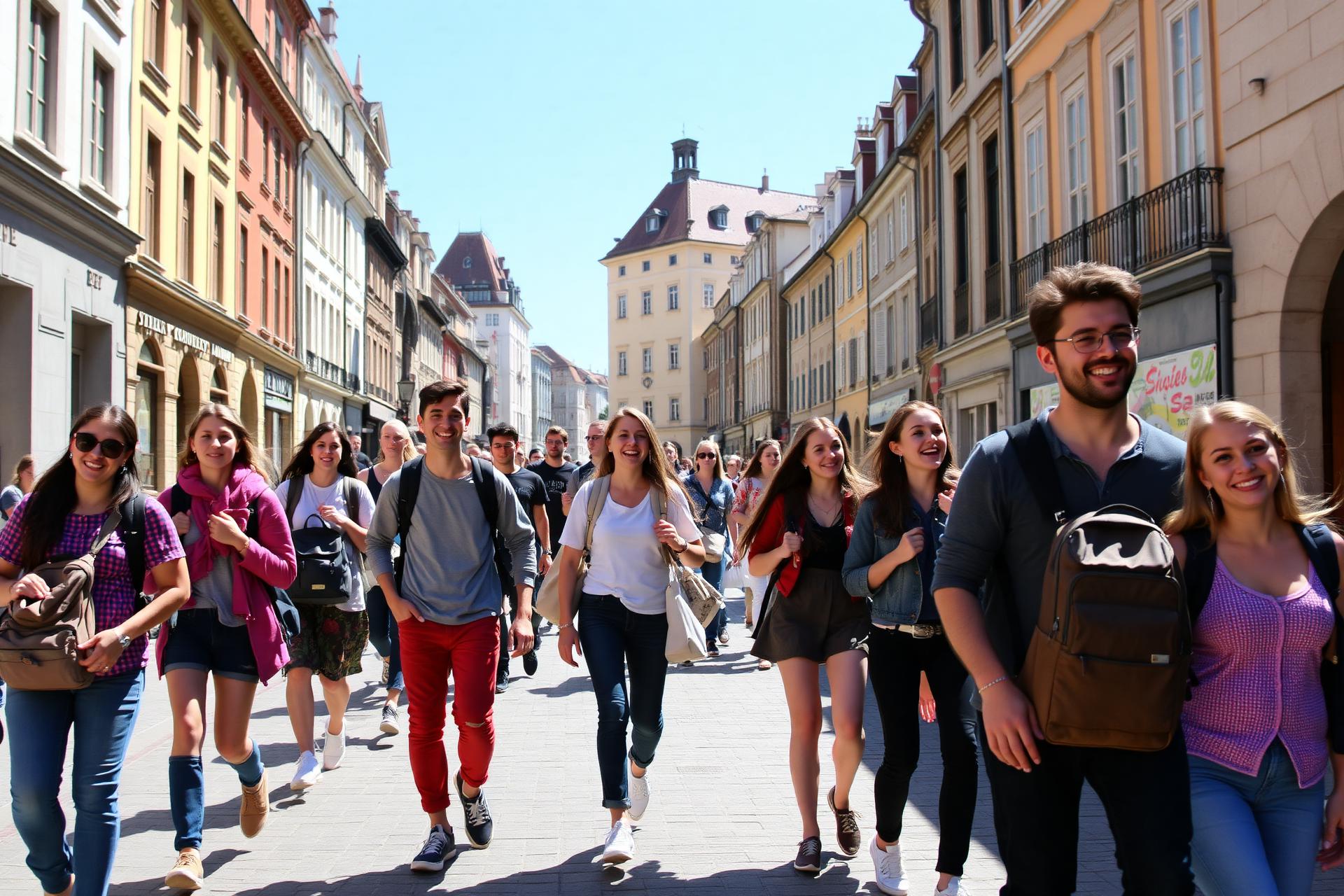 Students walking through European city